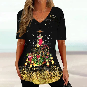 2024 Žien T-Shirt Vianočný Strom 3d Tlač Krátky Rukáv Tees Letné Módy Bežné tvaru Topy Festival Oblečenie Y2k Oblečenie