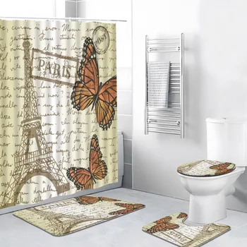 4pcs/Set Cartoon Sprchový Záves Modernej Paríža Krajiny Železa Veža Hnedé Motýľ Kúpeľňa Decor Vaňa Mat Koberec, Wc Kryt