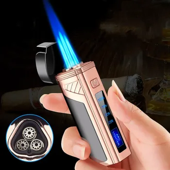 Dotyk Indukčné USB Tri Straight Flush Vetru Plyn-Elektrické Ľahšie Multifunkčné s Cigaru Fréza LED Displej Napájanie Gadget