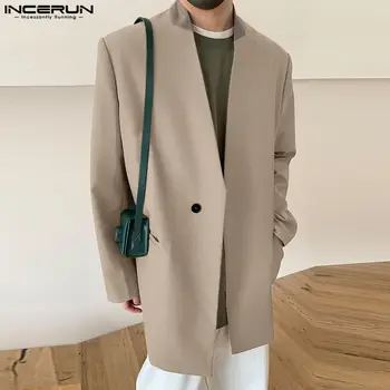 INCERUN 2023 Mužov Sako Patchwork V Krku Dlhý Rukáv Jeseň Muž Bežné Vyhovuje Streetwear kórejský Jedno Tlačidlo Módy Tenké Vrstvy