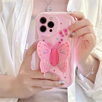 Kórejský Roztomilý 3D Silikónové Motýľ Držiak Ružové puzdro Pre iPhone 14 13 12 11 Pro Max Y2k Stojan Wavey Ochranné Mäkké Zadný Kryt