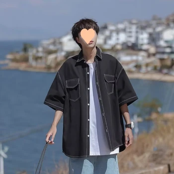 Letné Japonsko Harajuku Košele Mužov Retro Krátky Rukáv Cargo Tričko Kabát Trend Príležitostné Voľné Topy Muž Jednoduché High Street Oblečenie