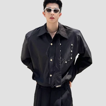 Módne Košele pre Mužov, Kovové Dekorácie Sociálne Luxusné značkové Oblečenie kórejský Streetwear Mužov Tričko s Dlhým Rukávom Elegantné Topy