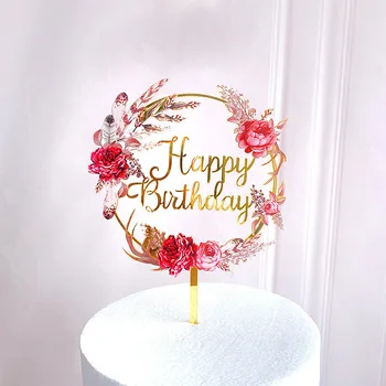Nové Kvety Happy Birthday Cake Vňaťou Akryl Roztomilý Zlato Tortu Vňaťou Pre Deti Narodeninovej Party Cake Dekorácie Dezert Dodávky