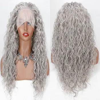Silver Grey Syntetické Vlasy Predné Čipky Parochne Glueless Skákacie Kučeravé Vysoká Kvalita Tepelne Odolných Vlákien Preplucked Dieťa Vlasov Pre Ženy