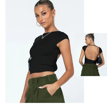 Y2K Duté Otvorte Zadný Krátky Rukáv Sweatwicking T-shirt Sexy Slim Fit Vrchole Letné Nové Oblečenie pre Ženy