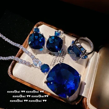 Šumivé Lab Sapphire Veľký Drahokam Šperky Sady 925 Silver Luxusné Cubic Zirconia Prehnané Ženy, Svadobné Hostiny Dary